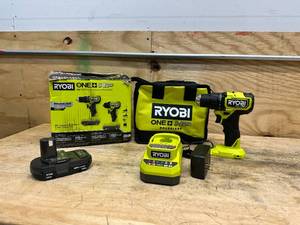 lot 52 image: RYOBI ONE HP 18V Brushless Cordless Compact 12 in. Drill with (1) 1.5 Ah Batteries, Charger, and Bag
