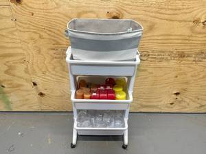 lot 143 image: Moving Shelf Comes With Defendr Hand Sanitizer, Candles, and Containers