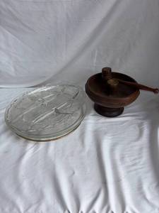 lot 176 image: Glass Platter & Vintage Walnut Nut Cracking Bowl and Gavel