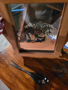 lot 258 image: Wood Framed Panda Art & Candle Holder