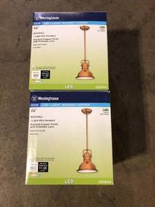 lot 4 image: Lot of Westinghouse Boswell 1-Light Washed Copper LED Mini Pendant with Frosted Prismatic Acrylic Lens Customer Returns See Pictures