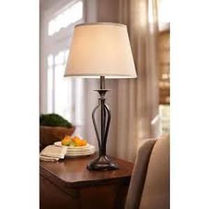 lot 8 image: Hampton Bay Rhodes 28 in. Bronze Table Lamp with Natural Linen Shade  Customer Returns See Pictures