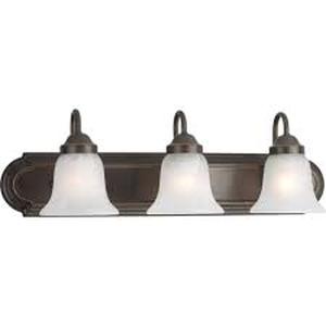 lot 18 image: Progress Lighting Solvang 24 in. 3-Light Antique Bronze Traditional Bathroom Vanity Light with Alabaster Glass  Customer Returns See Pictures