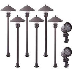 lot 32 image: Hampton Bay Pearson 205 Lumen Low-Voltage Bronze Integrated LED Outdoor Landscape Path Light and Flood Light Kit (8-Pack)  Customer Returns See Pictures