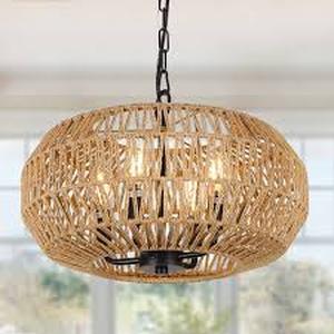 lot 38 image: 15.7 in. 4-Light Farmhouse Bohemian Style Brown Pendant Light with Rattan Woven Shade Customer Returns See Pictures
