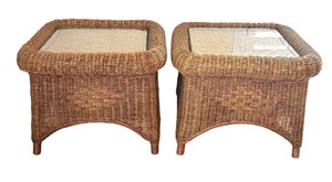 lot 19A image: Pair of Pretty Wicker Glass Top Accent Tables  Side Tables