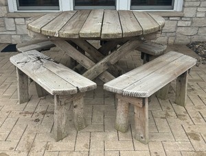 lot 28 image: Wooden Patio Table with Four Benches