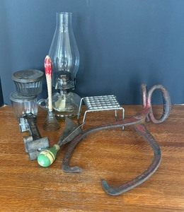 lot 117 image: Vintage Oil Lamp, Jars, Ice Clamp and More