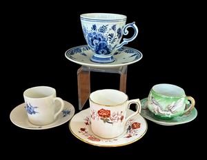 lot 119 image: Four Teacups with Saucers by Delft, Royal Crown Derby, Japanese Lithophane Teacup and More