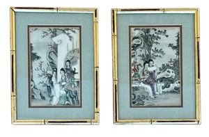 lot 12B image: Pair of Faux Bamboo Gilded Framed Japanese Hand Colored Woodblock Prints