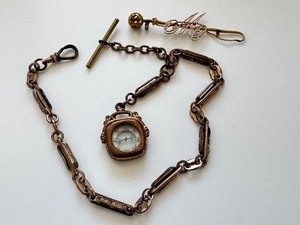 lot 43 image: Antique Victorian Gold Filled Compass with Fob Chain and Brooch