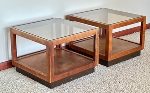 lot 16 image: Pair of Vintage Mid Century Wood and Glass Top Accent Tables