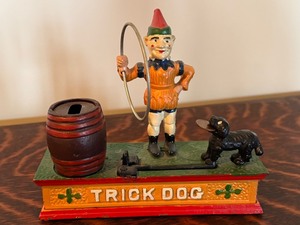 lot 51 image: Vintage Cast Iron Mechanical Trick Dog Bank