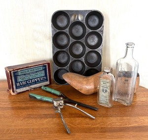 lot 64 image: Vintage Finds including Bottles, Shoe Form, Cast Iron Pop Over Pan and More