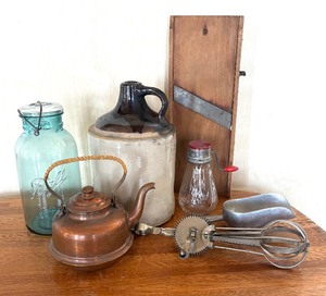 lot 78 image: Vintage Crock, Copper Tea Kettle, Utensils and More