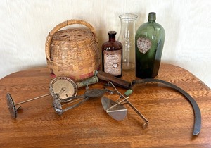 lot 90 image: Vintage Goodies including Basket, Carafe, Utensils and More