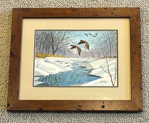 lot 142 image: Mallard Ducks in Flight Framed Original Watercolor by Rhynard Klingbeil