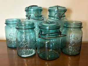 lot 222 image: Six Vintage Blue Ball Glass Jars