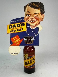 lot 63 image: Vintage Dads Old Fashioned Root Beer Big Junior Size Bottle with Cardboard Advertising Topper