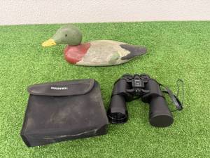 lot 131 image: Bushnell Binoculars & Wood Duck Decoy