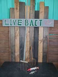 Live Bait Hand Painted wooden sign with Wooden Decoys and Spears