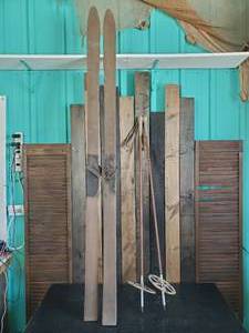 Vintage Wooden Snow Skis and Unique Poles
