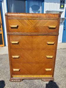 lot 11 image: 1920s 30s  Art Deco Waterfall Chest of Drawers With Dovetail Joints In Great Vintage Condition All Drawers Slide Smoothly