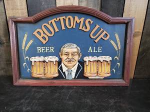 lot 17 image: Wooden Bottoms Up Beer Ale Sign in good Condition  Embossed