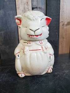 lot 34 image: Vintage American Bisque Pottery Lamb Cookie Jar