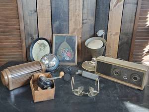 lot 39 image: Vintage Lot of Misc Items Zim Fly Reel Boat Compass very Early Antique Saftey Glasses and More