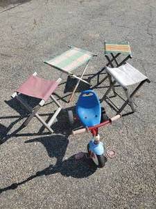 lot 41 image: Fun Lot of Folding Camp chairs and Cute Radio Flyer Kids Tricycle Front Tire Needs some Love but it Rides as it should