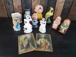 lot 44 image: Vintage Lot Convexed Glass Jesus Pictures Chalkware Dog, Shawnee Small Pitcher rocking Grandma and Grandpa retirement fund and Much more