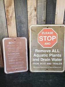 lot 46 image: 2 retired Minnesota DNR Signs Stop Aquatic Plants and Boaters Rules