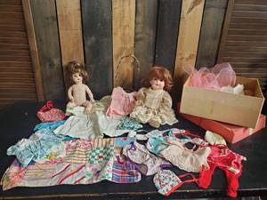 lot 81 image: Vintage Doll Clothing Lot and 2 Ceramic dolls one is a Armand Marseiile 971 A.I.M