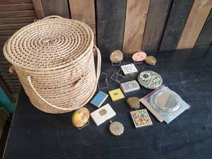 lot 91 image: Vintage Lof of MakeupPowder Cases with unique Designs, Bling and More with Wicker Basket