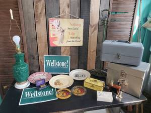 lot 92 image: Lot of Misc Items Metal File Box, Tackle Box, Vintage Lamp with Milkglass Base, Gillette And Much More