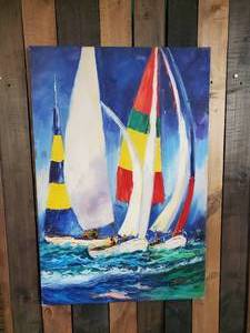 lot 107 image: Gorgeous Oil Painting with Vibrant Sailboats Signed