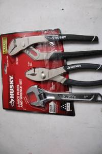 lot 182 image: Husky 3-Piece Pliers and Wrench Set with Adjustable Wrench, Slip Joint Pliers, and Groove Joint Pliers