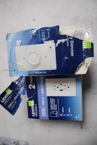 lot 222 image: Leviton Decora 2-Pack Outlets and Dimmer White