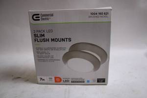 lot 374 image: Commercial Electric 2-Pack LED Slim Flush Mounts - Brushed Nickel