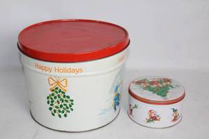 lot 2 image: Set of 2 Holiday Themed Metal Tins with Lids