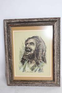 lot 25 image: Framed Artwork Jesus Laughing with Rustic Wood Frame