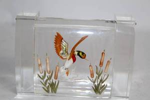 lot 30 image: Lucite Paperweight with Mallard Duck and Cattail Design