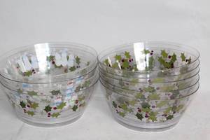 lot 208 image: Set of 6 Clear Holiday-Themed Plastic Bowls with Snowman and Holly Designs