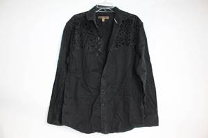 lot 311 image: Mens Long Sleeve Black Button-Up Shirt with Decorative Pattern - Size XL