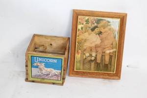 lot 325 image: Vintage Framed Tile Print and Unicorn Brand Wooden Box