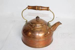 lot 379 image: Vintage Copper Tea Kettle with Wooden Handle