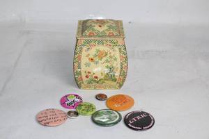 lot 387 image: Vintage Floral Porcelain Storage Jar and Button Pin Collection