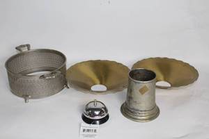 lot 427 image: Collection of Vintage Metal Items including Service Bell, Candle Holders, and Silverware Bowl