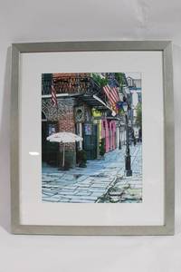 lot 442 image: Framed Artwork of Street Scene with American Flags